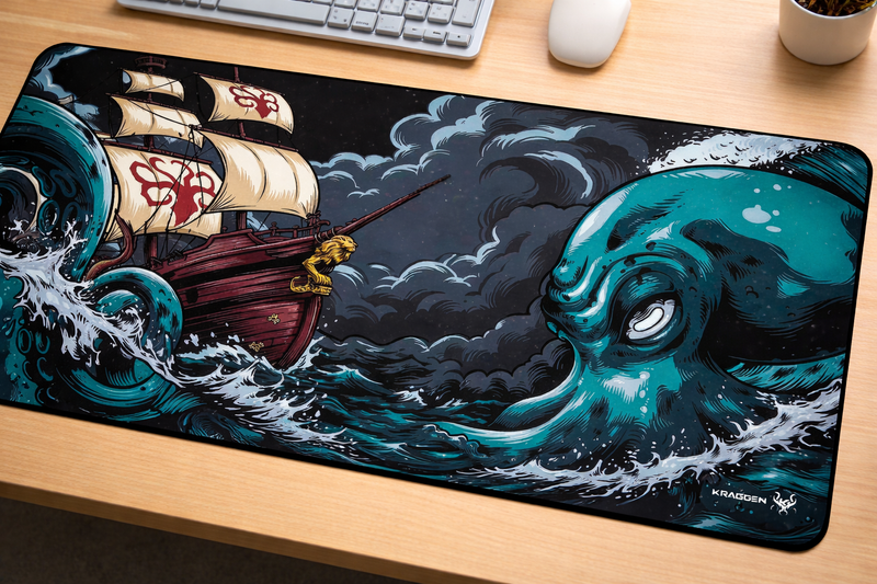 Kraken Ocean Battle Extended Mouse Pad – L Gaming Desk Mat with Pirate Ship Design | Anti-Slip Rubber Base, Waterproof Surface, Stitched Edges | 23x11 Inch Desk Mat for Gaming & Work
